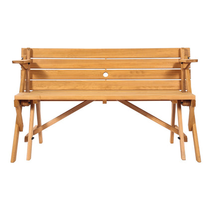 2-in-1 Transforming Interchangeable Picnic Table, Outdoor Wooden Table and Bench Set, Portable Foldable Bench with Umbrella Hole, Patio Dining Furniture for Garden, Backyard, Porch (Brown)