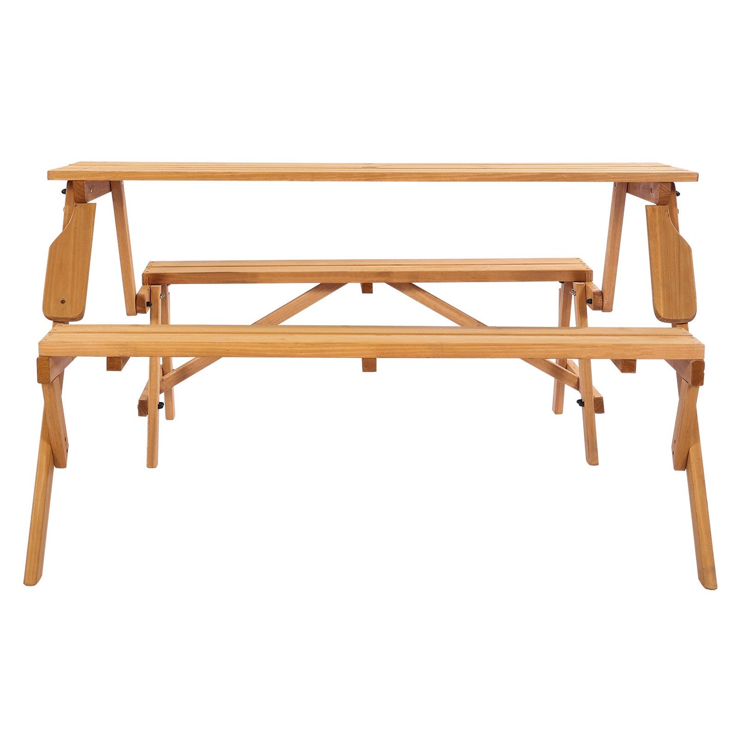 2-in-1 Transforming Interchangeable Picnic Table, Outdoor Wooden Table and Bench Set, Portable Foldable Bench with Umbrella Hole, Patio Dining Furniture for Garden, Backyard, Porch (Brown)