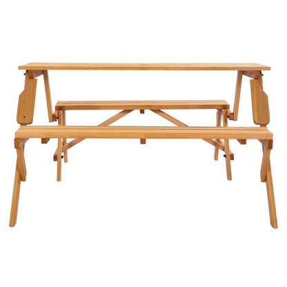2-in-1 Transforming Interchangeable Picnic Table, Outdoor Wooden Table and Bench Set, Portable Foldable Bench with Umbrella Hole, Patio Dining Furniture for Garden, Backyard, Porch (Brown)
