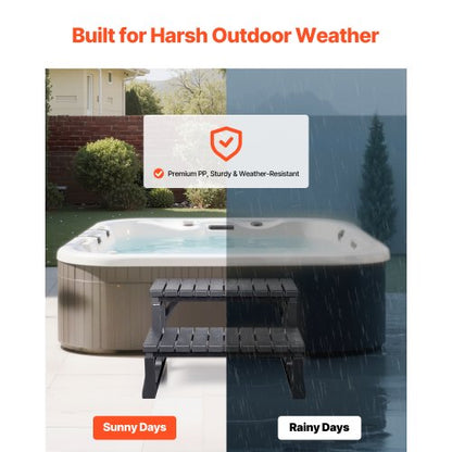 Steg för bubbelpool, 2-stegs spa-trappa för utomhusbruk, kraftig 599,5 mm bred PP ovanmarks-/uppblåsbar poolstege med 145,2 kg viktkapacitet, mångsidig för veranda, uteplats, däck, campingbilar, svart |  EU