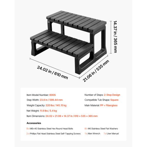 Steg för bubbelpool, 2-stegs spa-trappa för utomhusbruk, kraftig 599,5 mm bred PP ovanmarks-/uppblåsbar poolstege med 145,2 kg viktkapacitet, mångsidig för veranda, uteplats, däck, campingbilar, svart |  EU