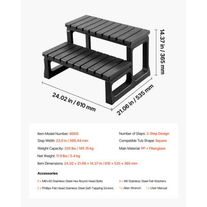 Steg för bubbelpool, 2-stegs spa-trappa för utomhusbruk, kraftig 599,5 mm bred PP ovanmarks-/uppblåsbar poolstege med 145,2 kg viktkapacitet, mångsidig för veranda, uteplats, däck, campingbilar, svart |  EU