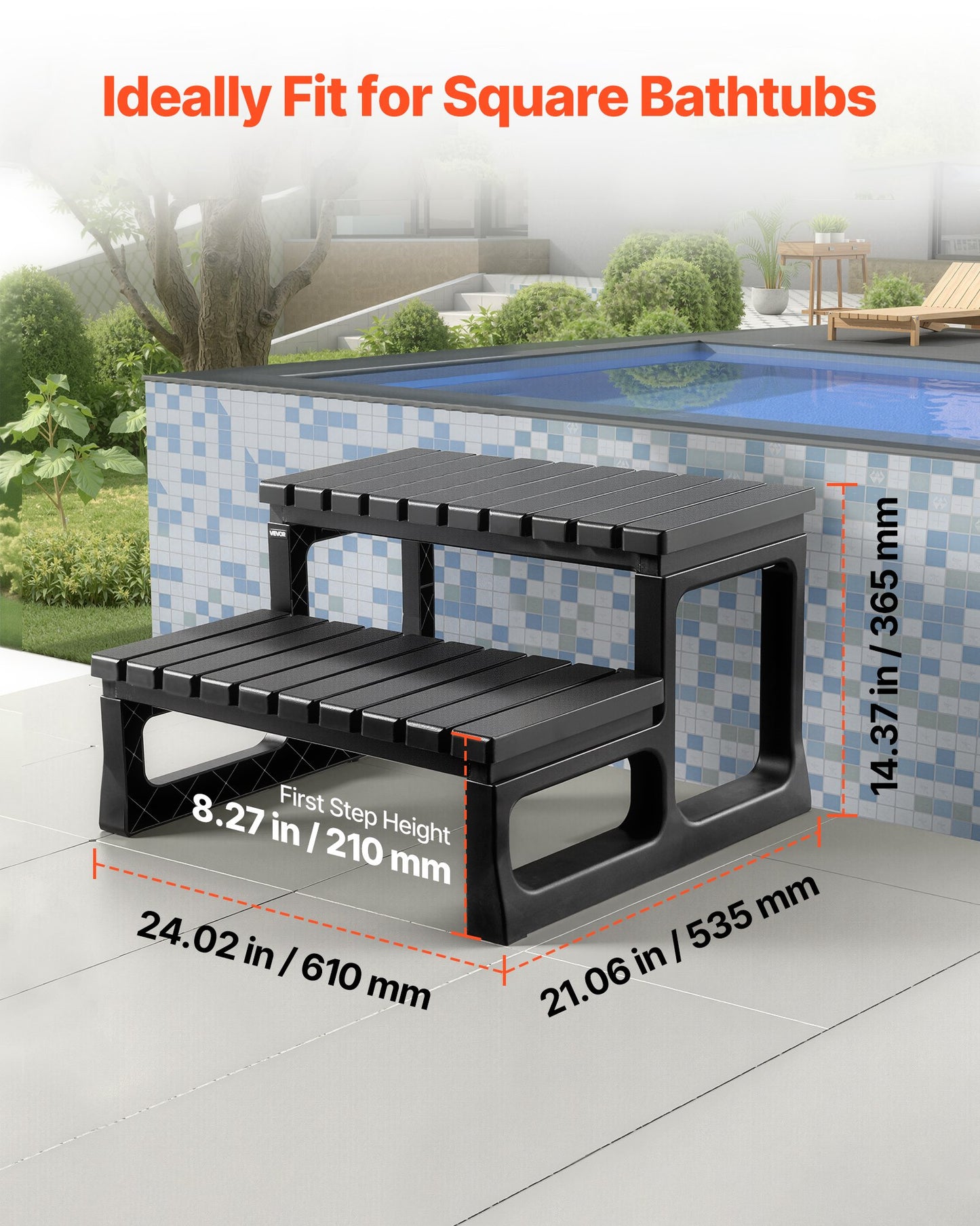 Hot Tub Steps, 2-Step Spa Outdoor Stairs, Heavy Duty 23.6 inch Wide PP Above-Ground/Inflatable Pool Ladder with 320 lbs Weight Capacity, Multi-Use for Porch, Patio, Deck, Campers, Black