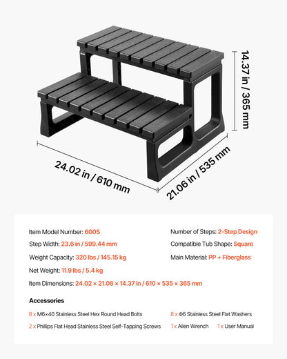 Hot Tub Steps, 2-Step Spa Outdoor Stairs, Heavy Duty 23.6 inch Wide PP Above-Ground/Inflatable Pool Ladder with 320 lbs Weight Capacity, Multi-Use for Porch, Patio, Deck, Campers, Black