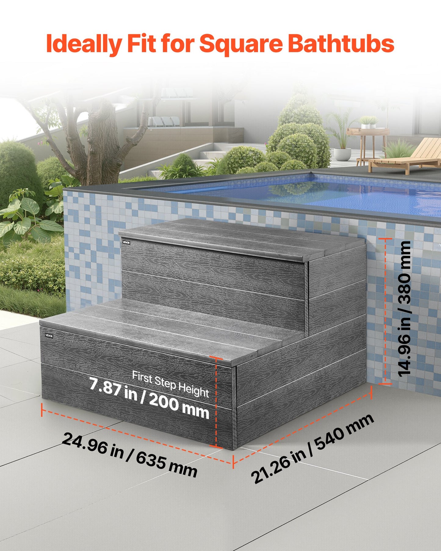 Hot Tub Steps, 2-Step Spa Outdoor Stairs, Heavy Duty 25 inch Wide HIPS Above-Ground/Inflatable Pool Ladder with 600 lbs Weight Capacity, Multi-Use for Porch, Patio, Deck, Campers, Graphite Gray