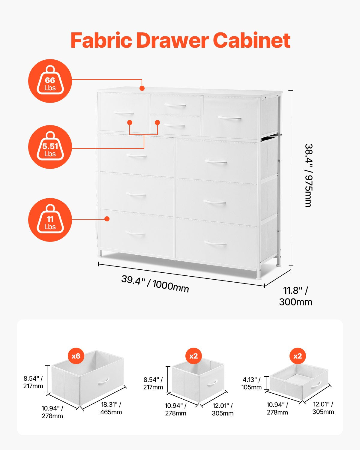Kommode mit 10 Schubladen, Stoffschubladen, Stoffschubladen und Stahlrahmen, Weiß