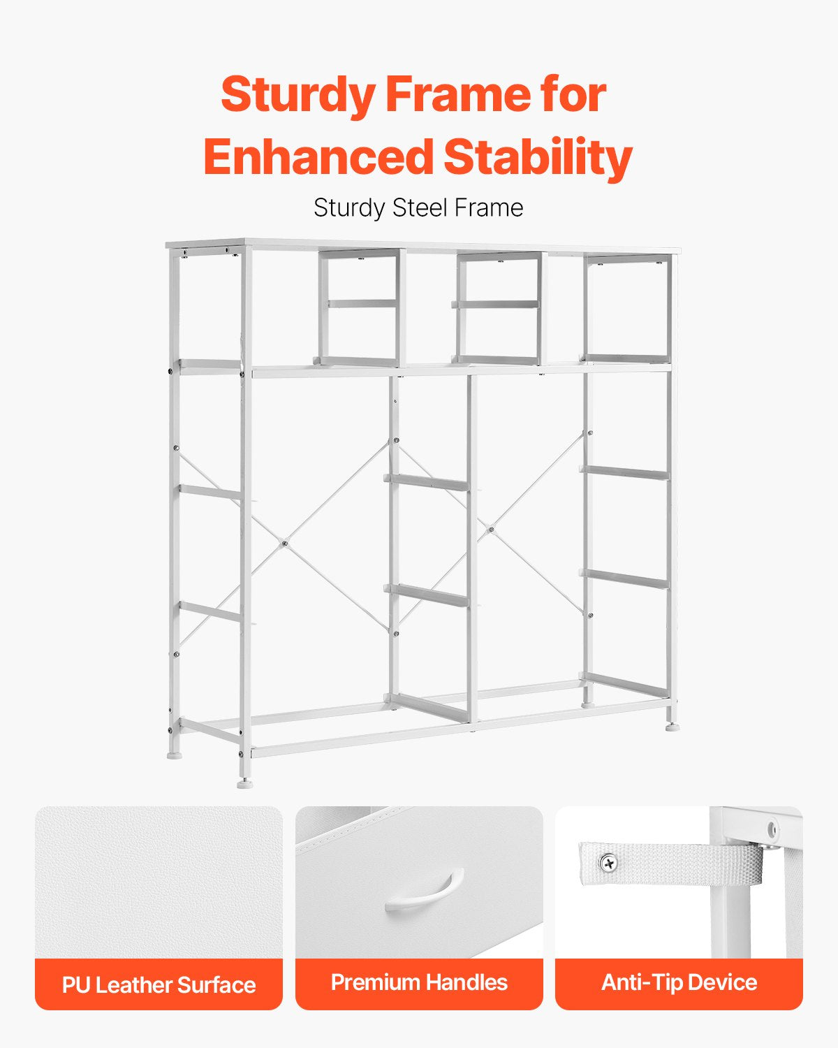 Kommode mit 10 Schubladen, Stoffschubladen, Stoffschubladen und Stahlrahmen, Weiß