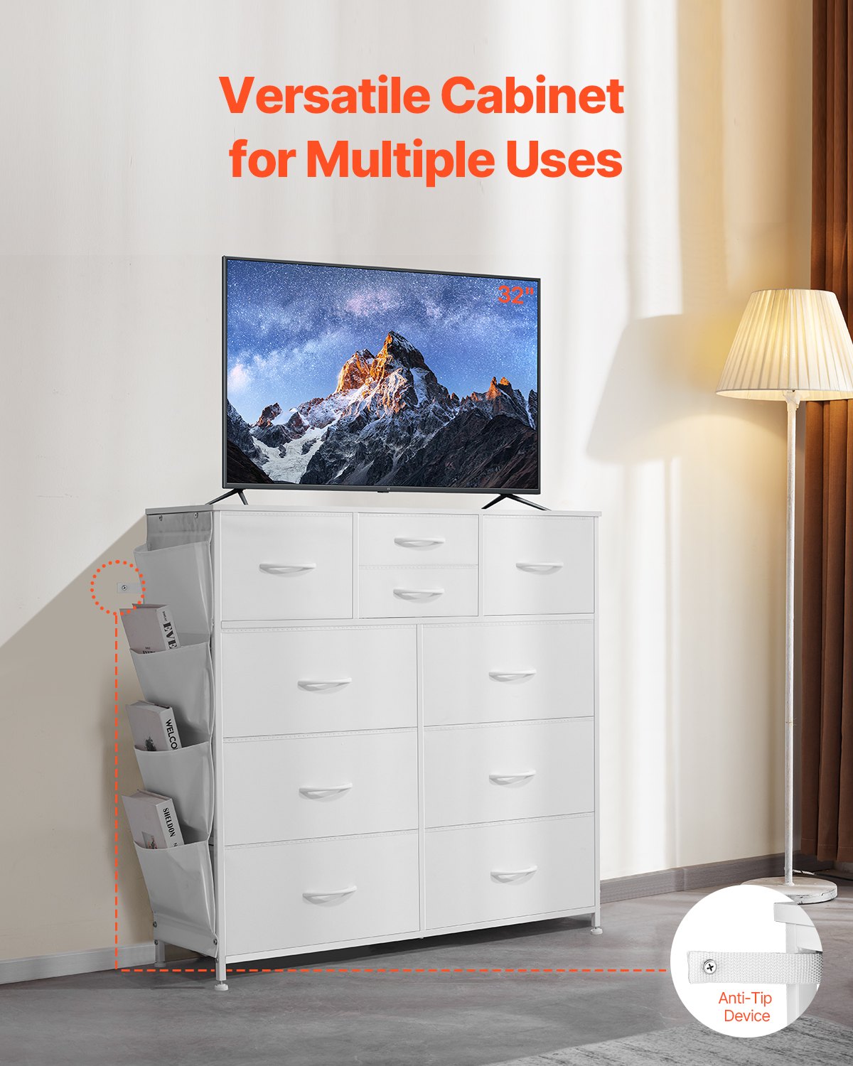 Kommode mit 10 Schubladen, Stoffschubladen, Stoffschubladen und Stahlrahmen, Weiß