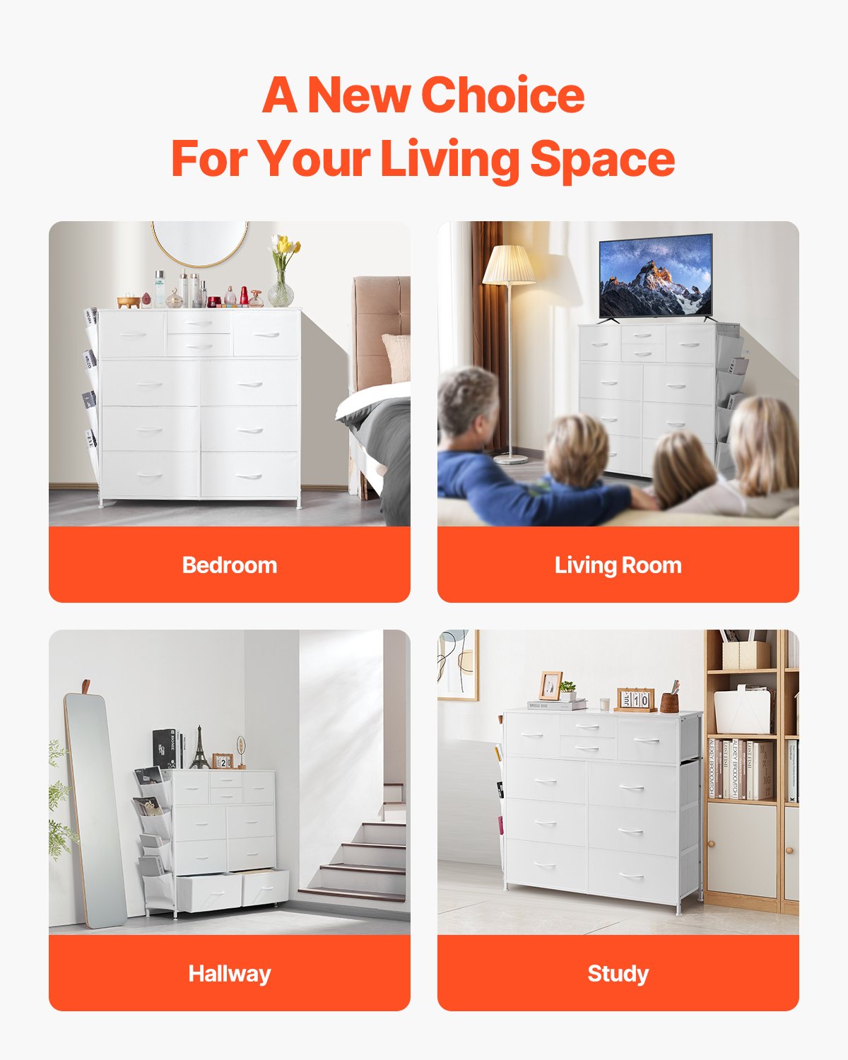 Kommode mit 10 Schubladen, Stoffschubladen, Stoffschubladen und Stahlrahmen, Weiß