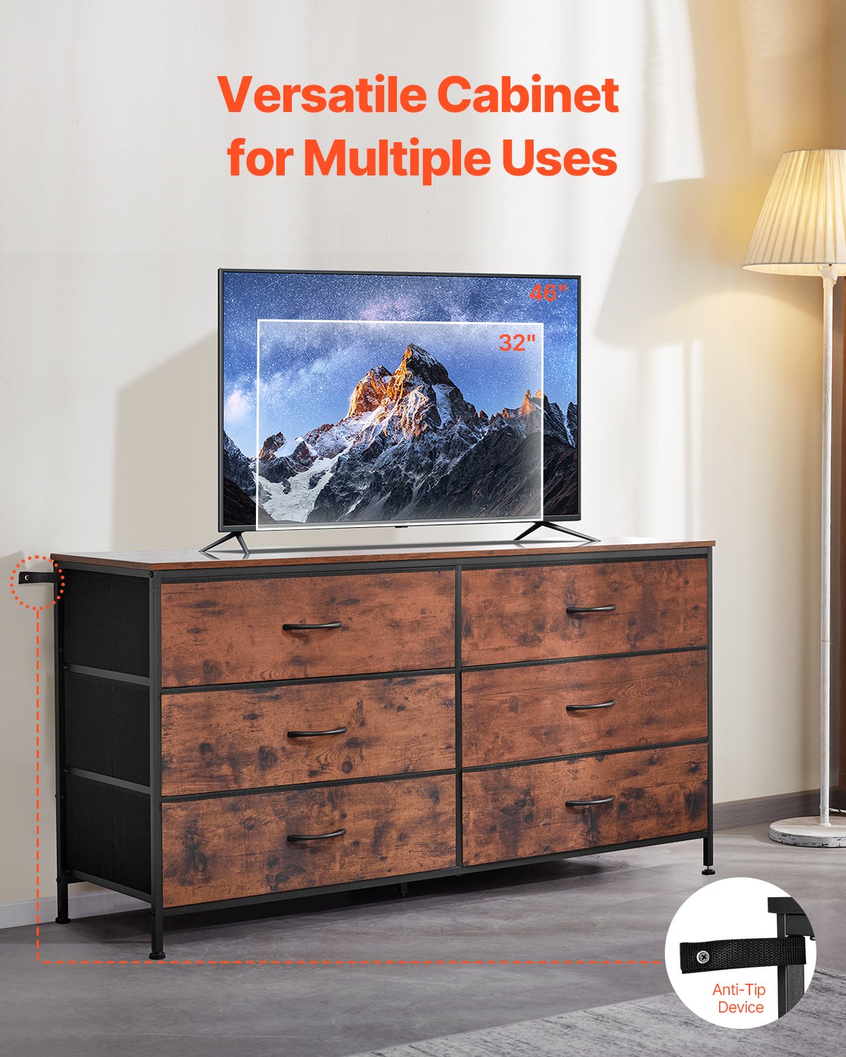 6 Drawer Dresser Wardrobe Dresser TV Stand with Steel Frame Rustic Brown