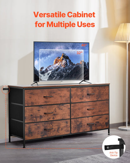 6 Drawer Dresser Wardrobe Dresser TV Stand with Steel Frame Rustic Brown
