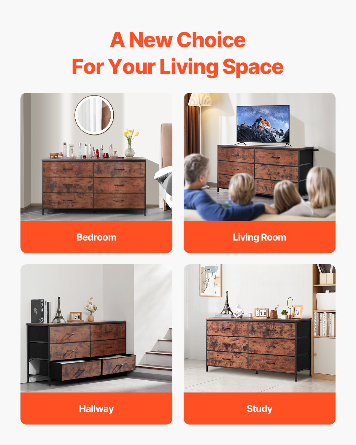 6 Drawer Dresser Wardrobe Dresser TV Stand with Steel Frame Rustic Brown