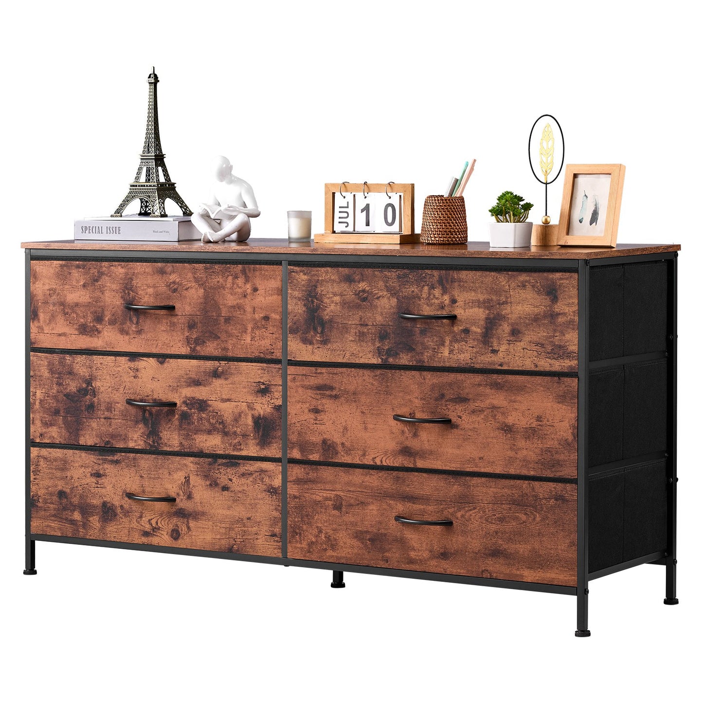 6 Drawer Dresser Wardrobe Dresser TV Stand with Steel Frame Rustic Brown