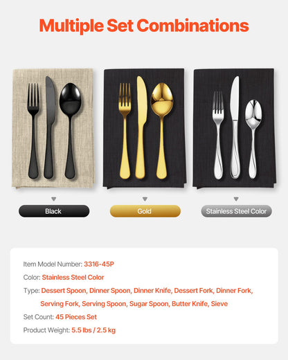 45-teiliges Silberbesteckset Edelstahlbesteck Besteck für 8