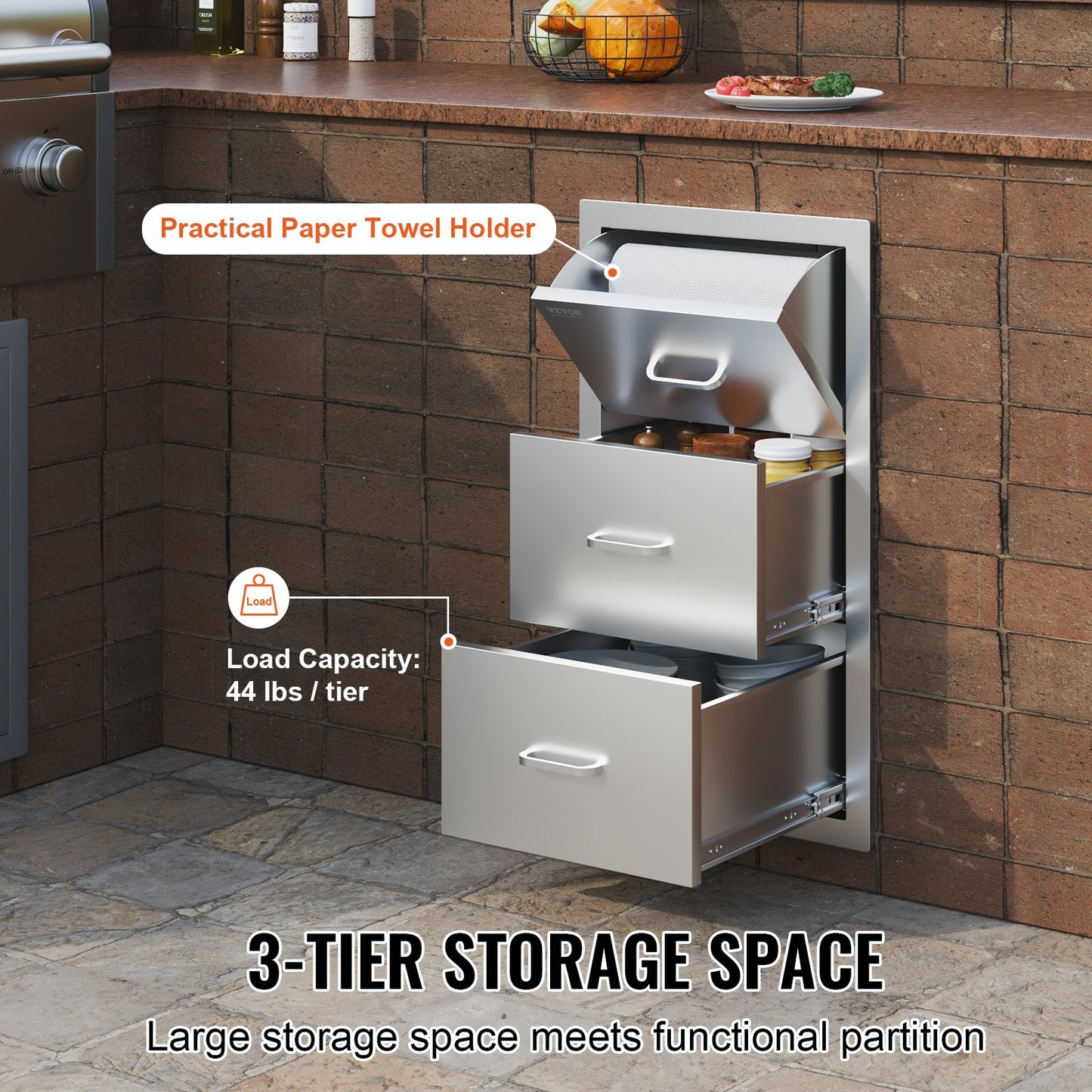 17W x 30H x 21D Inch Outdoor Kitchen Stainless Steel Double Access Drawers with Paper Towel Holder Combo for BBQ Island or Grill Station