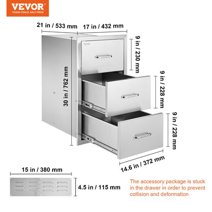 17W x 30H x 21D Inch Outdoor Kitchen Stainless Steel Double Access Drawers with Paper Towel Holder Combo for BBQ Island or Grill Station