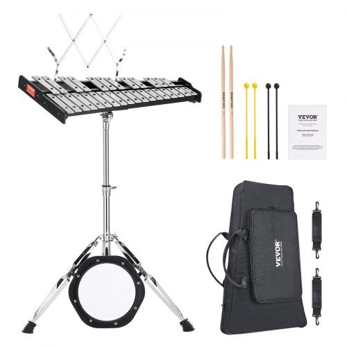 30 Note Glockenspiel Xylophone Bell Kit, Professional Percussion Instrument Set with Mallets, Drum Sticks, Music Stand, 8" Practice Pad, Adjustable Stand and Carrying Bag for Students & Adults