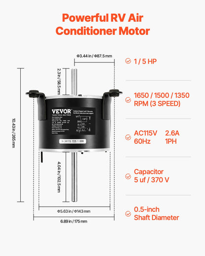 3108706.916 RV AC Fan Motor Compatible with Dometic Brisk Air I Model - Single Phase, 1/5HP AC115V 2.6A 1650 RPM (3 Speeds)