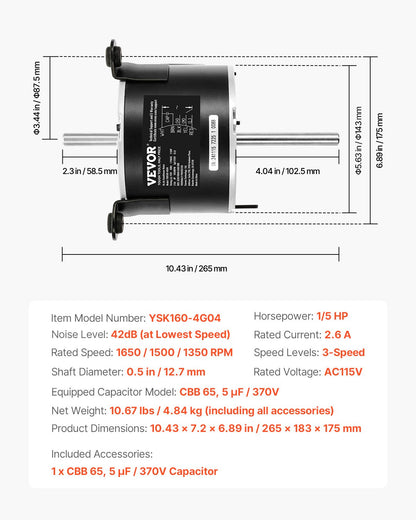 3108706.916 RV AC Fan Motor Compatible with Dometic Brisk Air I Model - Single Phase, 1/5HP AC115V 2.6A 1650 RPM (3 Speeds)