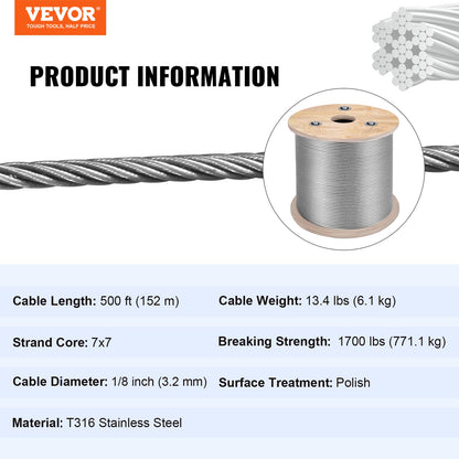 T316 Stainless Steel Cable 1/8" 7x7 Steel Wire Rope Cable 500FT Cable Railing Transport Wire Rope Cable for Railing Decking DIY Balustrade