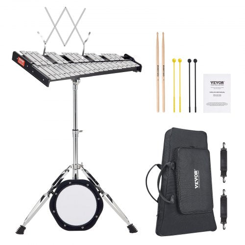 32 Note Glockenspiel Xylophone Bell Kit, Professional Percussion Instrument Set with Mallets, Drum Sticks, Music Stand, 8" Practice Pad, Adjustable Stand and Carrying Bag for Students & Adults