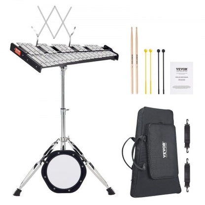 32 Note Glockenspiel Xylophone Bell Kit, Professional Percussion Instrument Set with Mallets, Drum Sticks, Music Stand, 8" Practice Pad, Adjustable Stand and Carrying Bag for Students & Adults