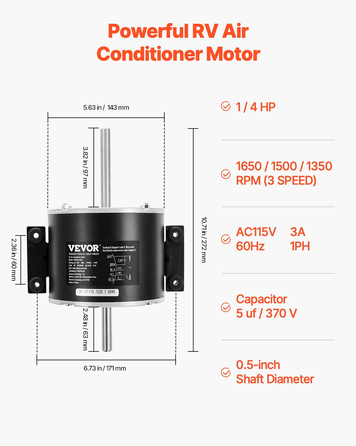 3315332.005 RV AC Fan Motor Replacement Genteq F48AF70A61, Dometic Brisk Air II Fan Motor, Compatible with Dometic Brisk Air II B57915 B59516 B59146 B59186 - 1/4HP AC115V 3A 1650RPM (3 Speeds)