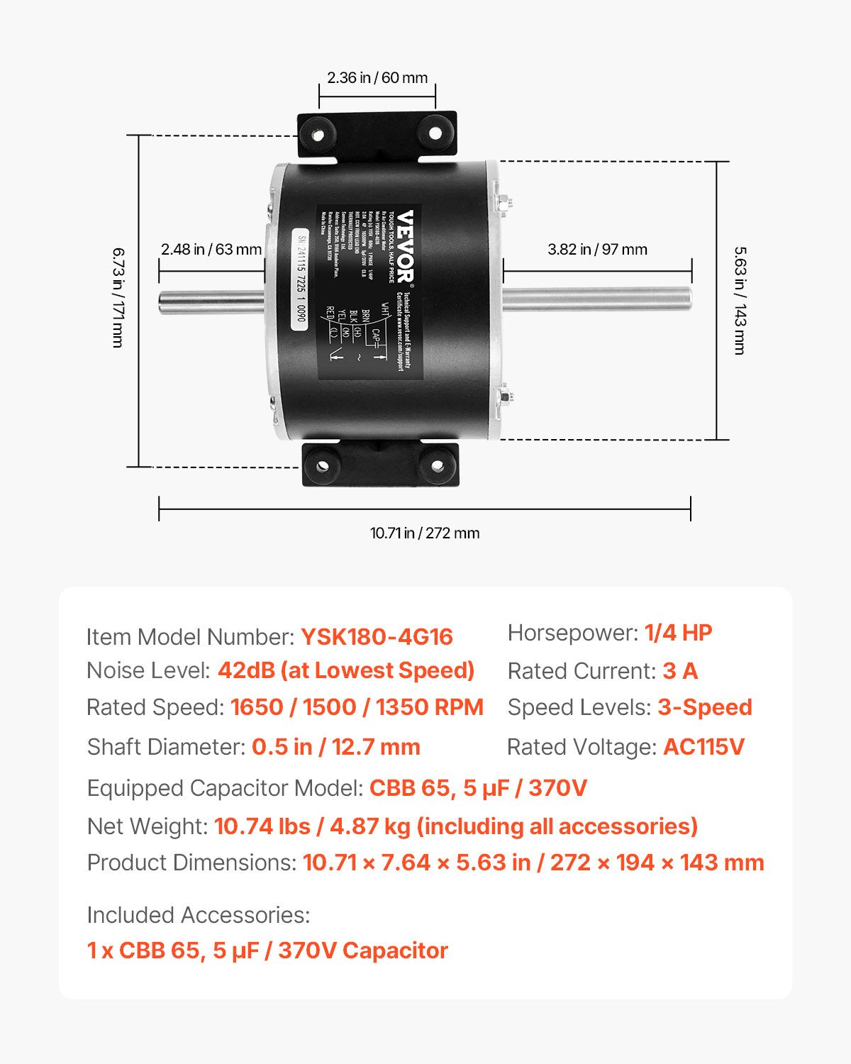 3315332.005 RV AC Fan Motor Replacement Genteq F48AF70A61, Dometic Brisk Air II Fan Motor, Compatible with Dometic Brisk Air II B57915 B59516 B59146 B59186 - 1/4HP AC115V 3A 1650RPM (3 Speeds)