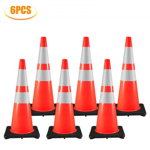 6Pack 36\" Traffic Cones, Safety Road Parking Cone with Black Weighted Base, PVC Orange Traffic Safety Cones, Hazard Cones Reflective Collars for Construction Traffic Parking