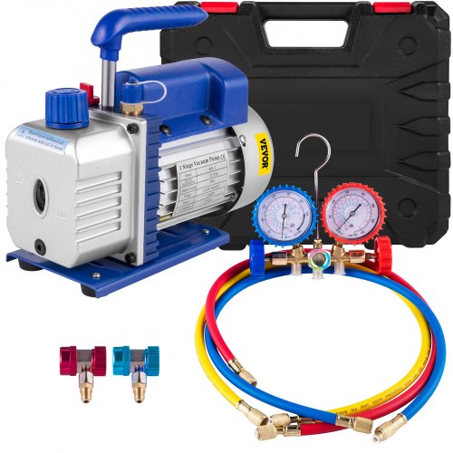 3CFM 1/4HP Single Stage Air Vacuum Pump HVAC R134a R12 R22 R410a A/C Refrigeration Kit AC Manifold Gauge R134 Can Tap Included Carrying Tote