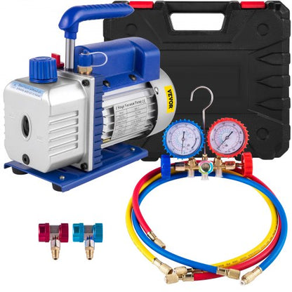 3CFM 1/4HP Single Stage Air Vacuum Pump HVAC R134a R12 R22 R410a A/C Refrigeration Kit AC Manifold Gauge R134 Can Tap Included Carrying Tote