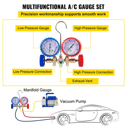 3CFM 1/4HP Single Stage Air Vacuum Pump HVAC R134a R12 R22 R410a A/C Refrigeration Kit AC Manifold Gauge R134 Can Tap Included Carrying Tote