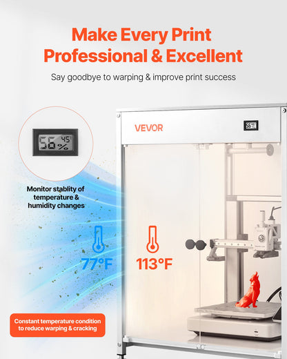 3D Printer Enclosure with Ventilation, Dustproof Waterproof Transparent Acrylic 3D Printer Tent, Constant Temperature Protective Case with LED, Compatible with Bambu Lab, Ender, Neptune, Kobra