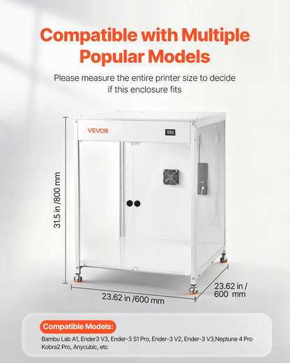 3D Printer Enclosure with Ventilation, Dustproof Waterproof Transparent Acrylic 3D Printer Tent, Constant Temperature Protective Case with LED, Compatible with Bambu Lab, Ender, Neptune, Kobra
