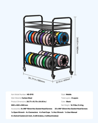 3D Printer Filament Storage Rack, 3 Tier Heavy Duty Storage Shelf, Rolling Filament Spool Holders Racks with Wheels, Filaments Organzied for 3D Printing Station, Office, Workshop (Shelf Only)