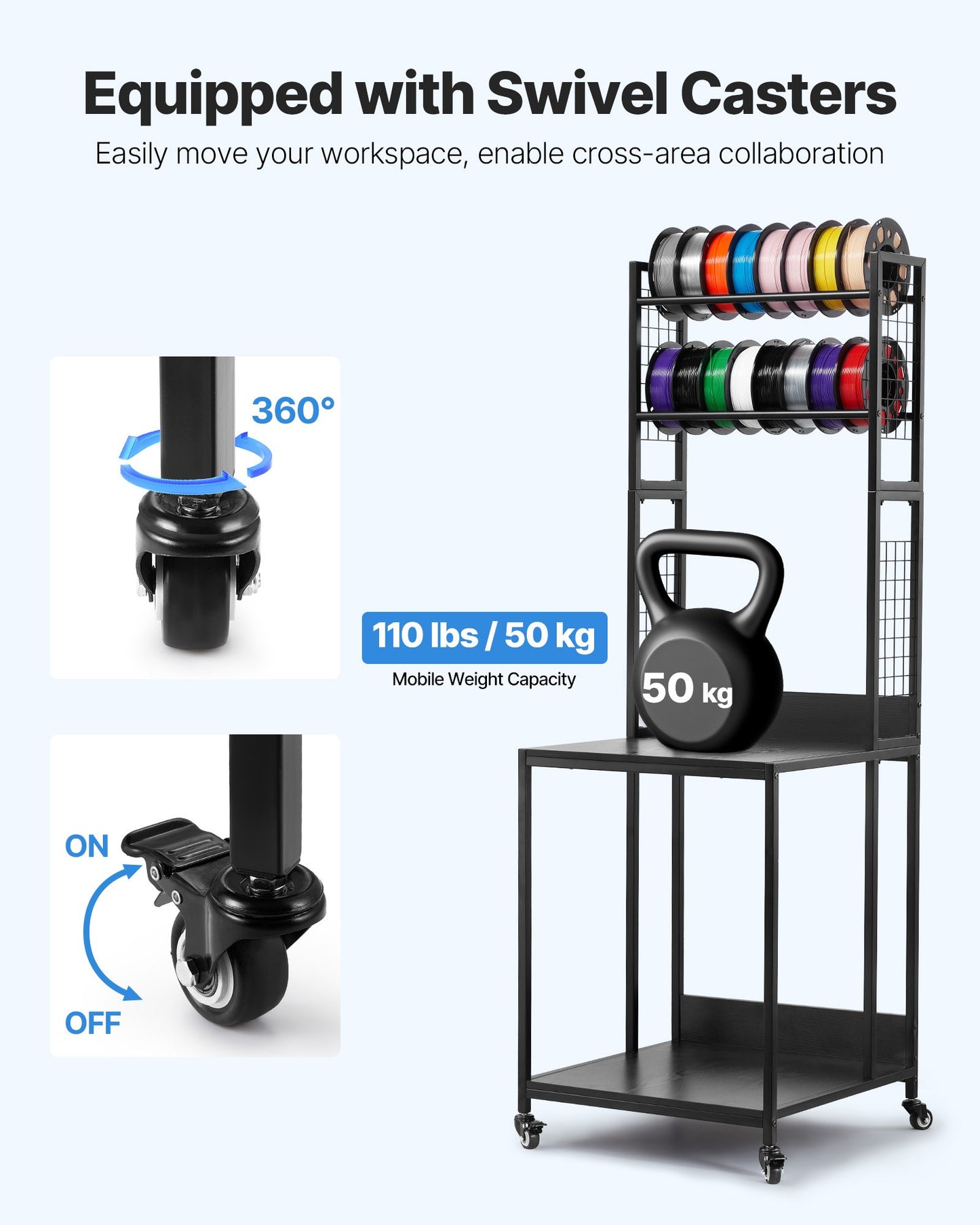 3D Printer Filament Storage Rack, 4-Tier 3D Printer Stand with Filament Storage, Spools Holder Racks Cart with Wheels, Filaments Organzied for 3D Printing Station, Office, Workshop (Shelf Only)