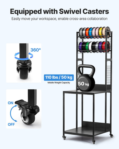 3D Printer Filament Storage Rack, 4-Tier 3D Printer Stand with Filament Storage, Spools Holder Racks Cart with Wheels, Filaments Organzied for 3D Printing Station, Office, Workshop (Shelf Only)