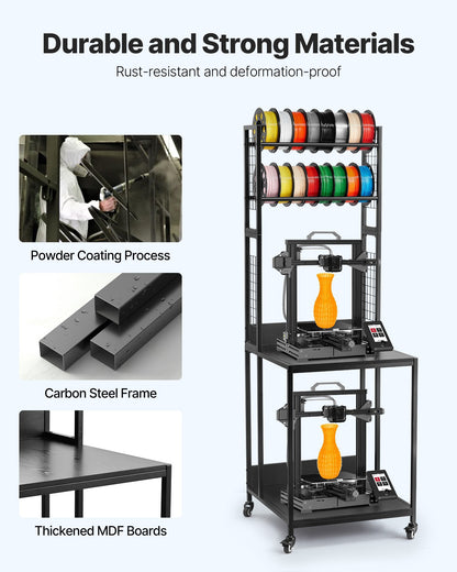 3D Printer Filament Storage Rack, 4-Tier 3D Printer Stand with Filament Storage, Spools Holder Racks Cart with Wheels, Filaments Organzied for 3D Printing Station, Office, Workshop (Shelf Only)