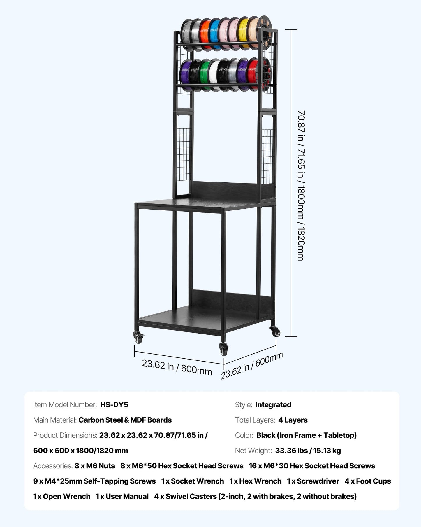 3D Printer Filament Storage Rack, 4-Tier 3D Printer Stand with Filament Storage, Spools Holder Racks Cart with Wheels, Filaments Organzied for 3D Printing Station, Office, Workshop (Shelf Only)