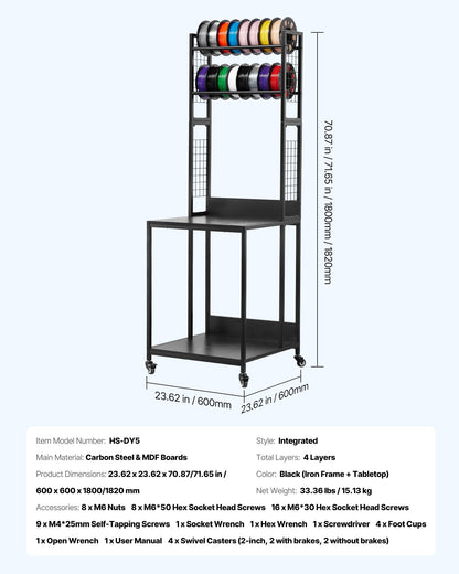 3D Printer Filament Storage Rack, 4-Tier 3D Printer Stand with Filament Storage, Spools Holder Racks Cart with Wheels, Filaments Organzied for 3D Printing Station, Office, Workshop (Shelf Only)