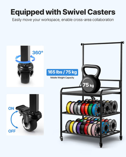 3D Printer Filament Storage Rack, 3-Tier 3D Printer Stand with Filament Storage, Spools Holder Racks Cart with Wheels, Filaments Organzied for 3D Printing Station, Office, Workshop (Shelf Only)