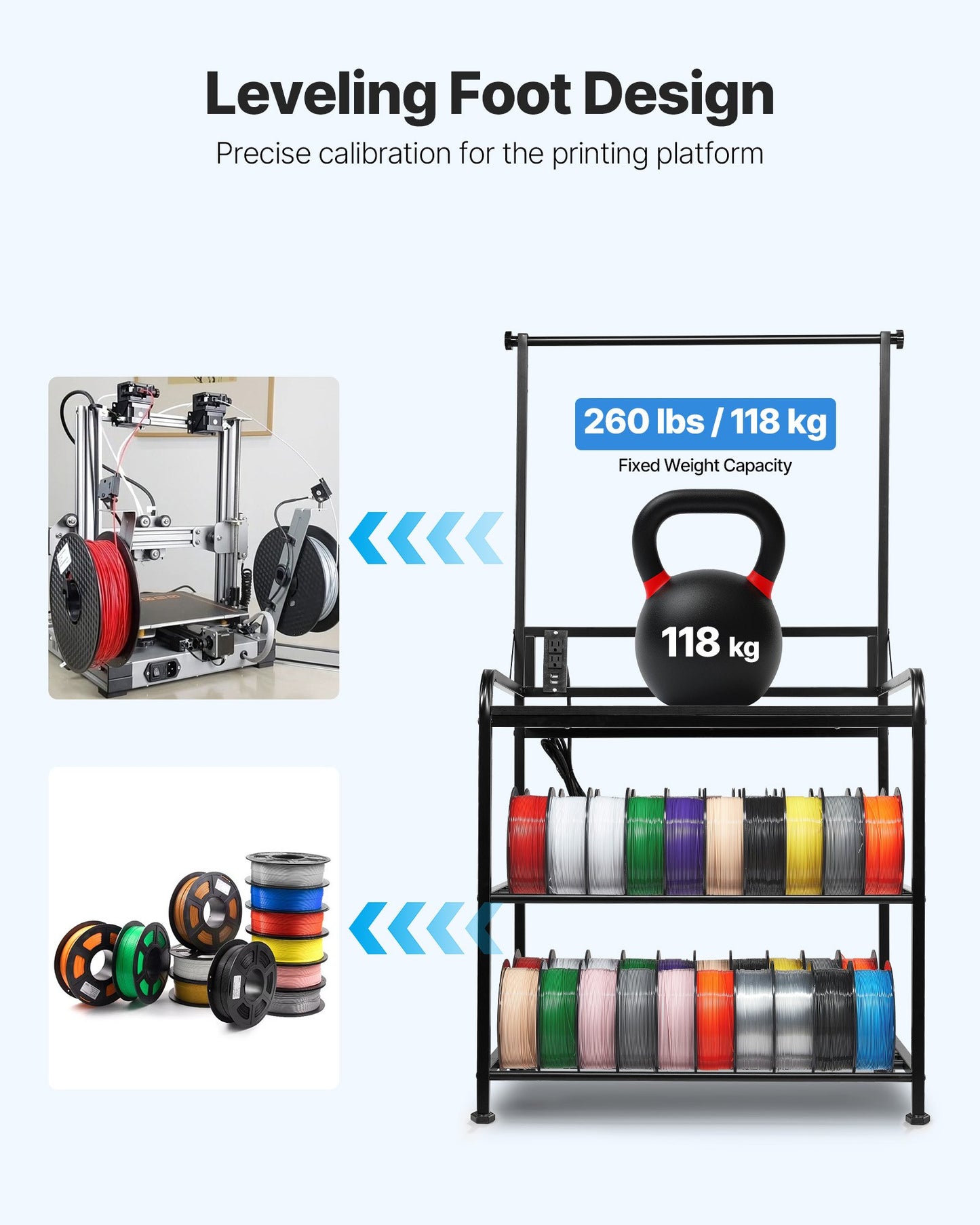 3D Printer Filament Storage Rack, 3-Tier 3D Printer Stand with Filament Storage, Spools Holder Racks Cart with Wheels, Filaments Organzied for 3D Printing Station, Office, Workshop (Shelf Only)