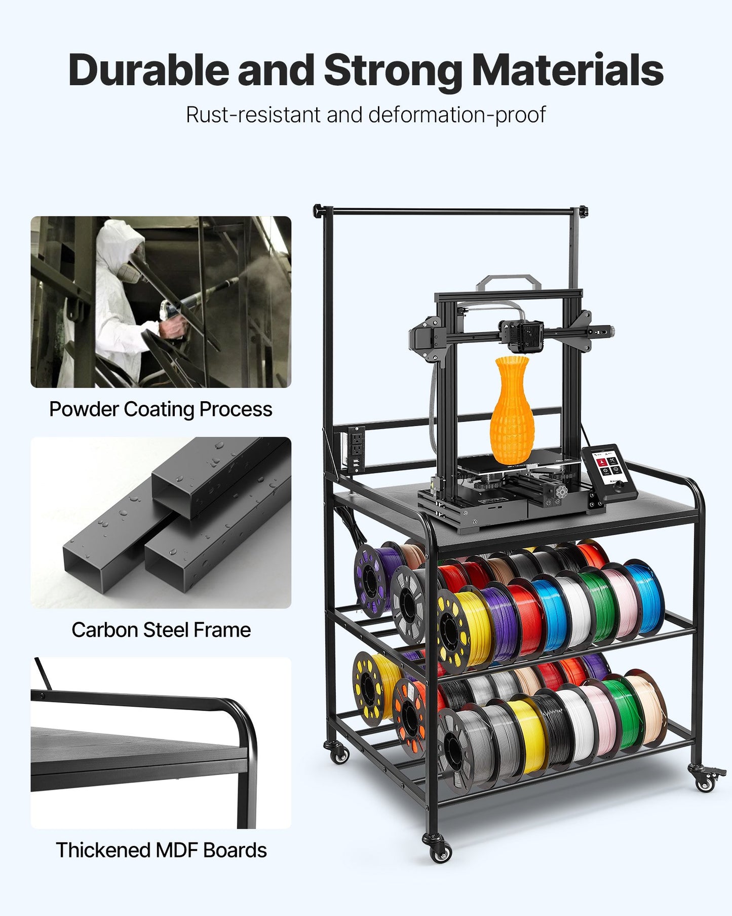 3D Printer Filament Storage Rack, 3-Tier 3D Printer Stand with Filament Storage, Spools Holder Racks Cart with Wheels, Filaments Organzied for 3D Printing Station, Office, Workshop (Shelf Only)