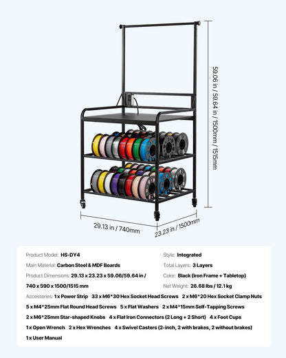 3D Printer Filament Storage Rack, 3-Tier 3D Printer Stand with Filament Storage, Spools Holder Racks Cart with Wheels, Filaments Organzied for 3D Printing Station, Office, Workshop (Shelf Only)
