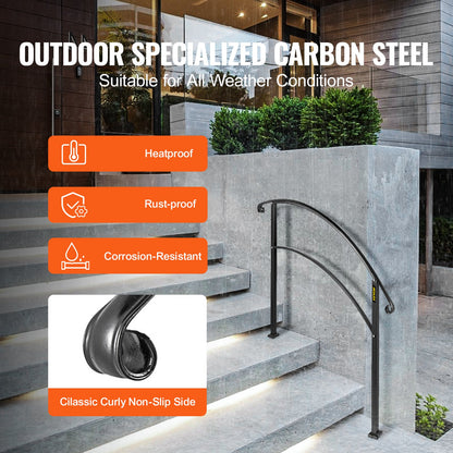 Handrails for Outdoor Steps, Fit 1 or 3 Steps Outdoor Stair Railing, Black Wrought Iron Handrail, Flexible Front Porch Hand Rail, Transitional Handrails for Concrete Steps or Wooden Stairs