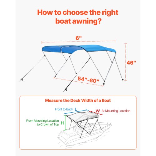 Biminitop för båt med 3 bogar, 1,8 meter långt markistak i 600D polyester, Pacific Blue
