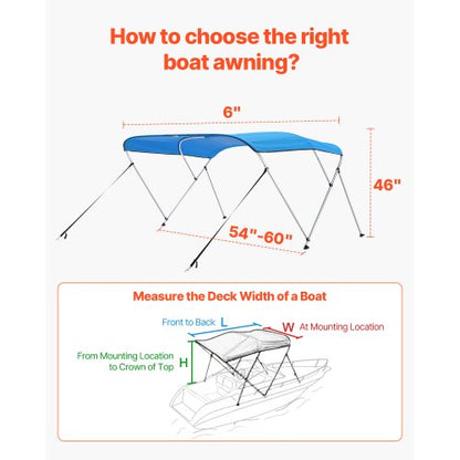 Biminitop för båt med 3 bogar, 1,8 meter långt markistak i 600D polyester, Pacific Blue