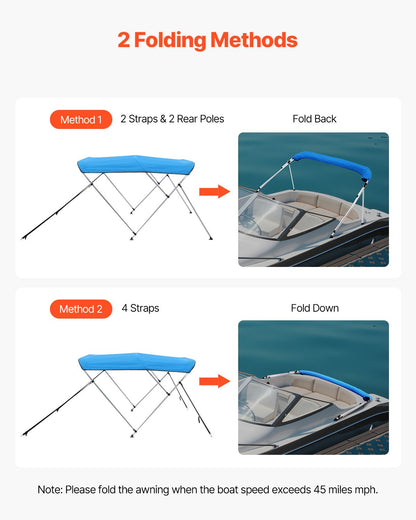 3 Bow Boat Bimini Tops, 600D Polyester Canopy with Aluminum Alloy Frame, Waterproof & Sun Shade Boat Awning Canopy with Storage Bag, 2 Support Poles, 4 Straps, 6'Lx(54"-60")Wx46"H, Pacific Blue
