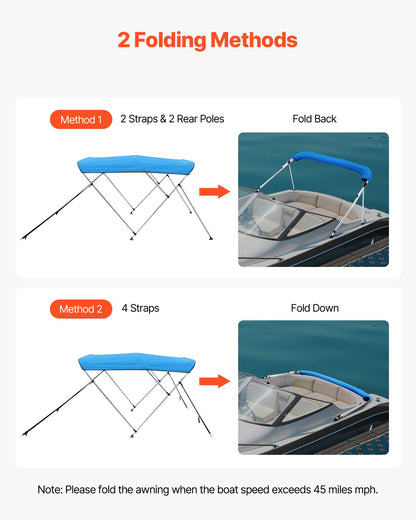 3 Bow Boat Bimini Tops, 600D Polyester Canopy with Aluminum Alloy Frame, Waterproof & Sun Shade Boat Awning Canopy with Storage Bag, 2 Support Poles, 4 Straps, 6'Lx(61"-66")W x46"H, Pacific Blue