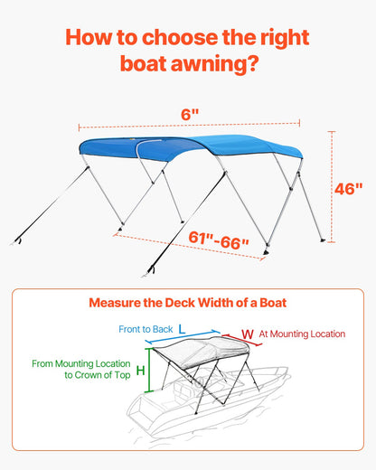 3 Bow Boat Bimini Tops, 600D Polyester Canopy with Aluminum Alloy Frame, Waterproof & Sun Shade Boat Awning Canopy with Storage Bag, 2 Support Poles, 4 Straps, 6'Lx(61"-66")W x46"H, Pacific Blue